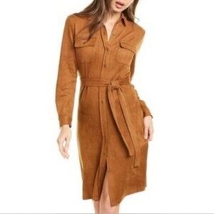 Boston Proper Faux Suede Button Front Tie Waist Shirt Dress Western Cowgirl Chic